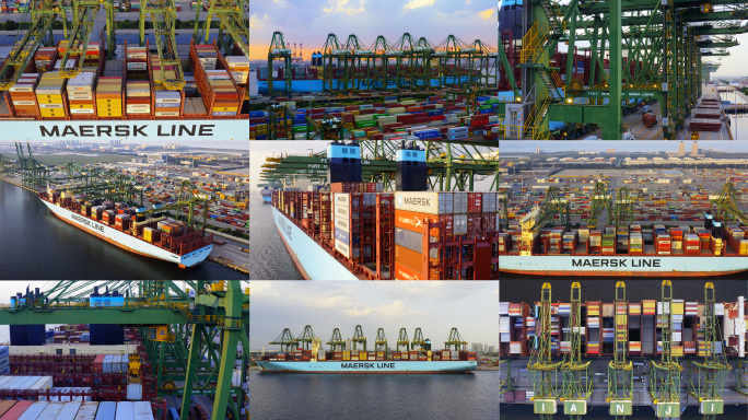 港口大型吊机装卸货作业航拍