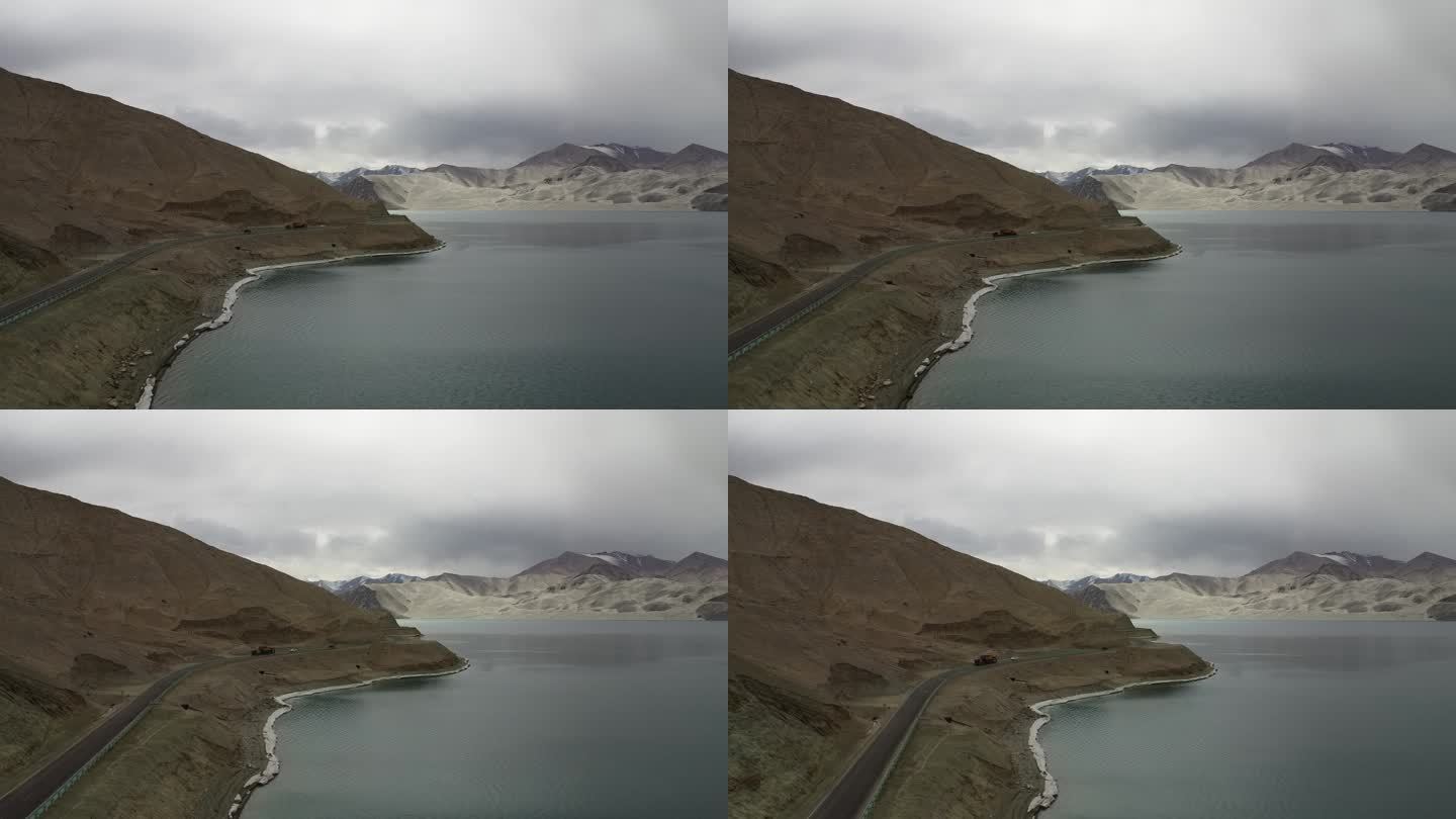 航拍新疆南疆帕米尔高原白沙湖阴天苍凉景色