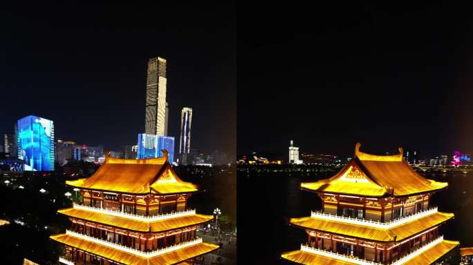 长沙城市杜甫江阁夜景环绕竖拍模式