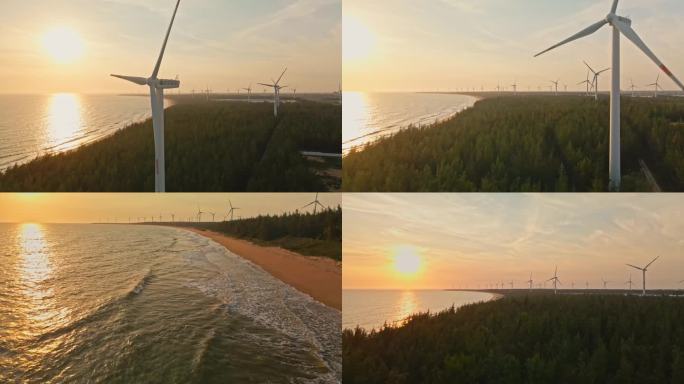 海滩边的风力发电机组