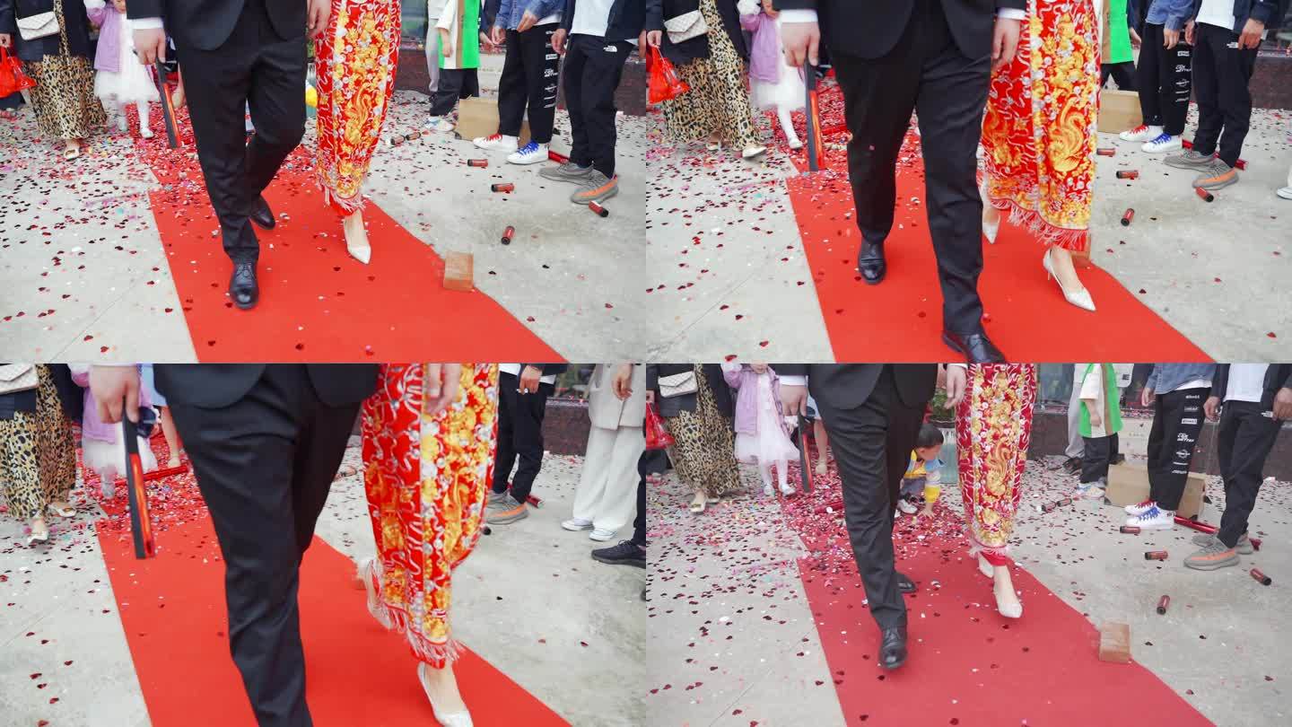 走红地毯的新郎新娘脚步行走特写