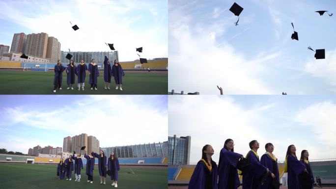 大学学生毕业季学士服学士帽扔帽子奔跑