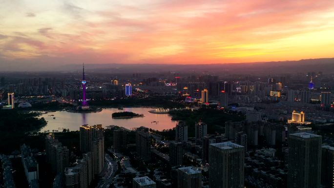 焦作龙源湖晚霞夜景航拍延时摄影