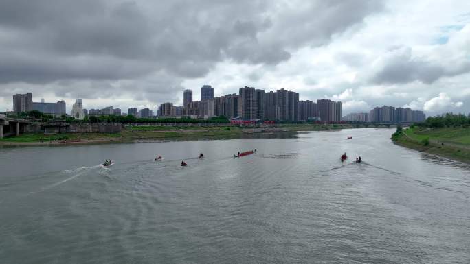 4K航拍端午节浏阳河划龙舟比赛2
