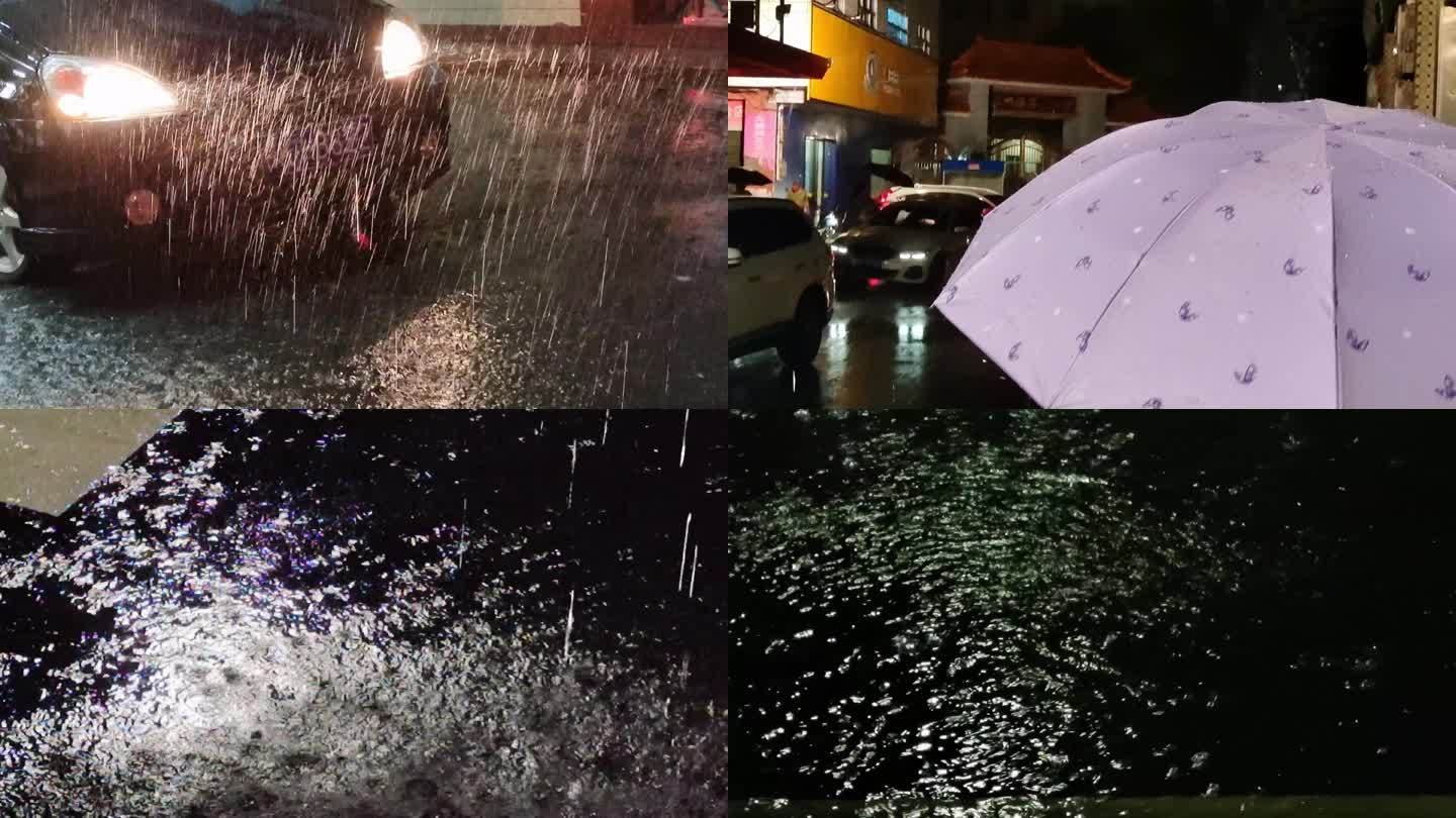 城市风雨中的大雨声雨景车流 冒雨道路积水