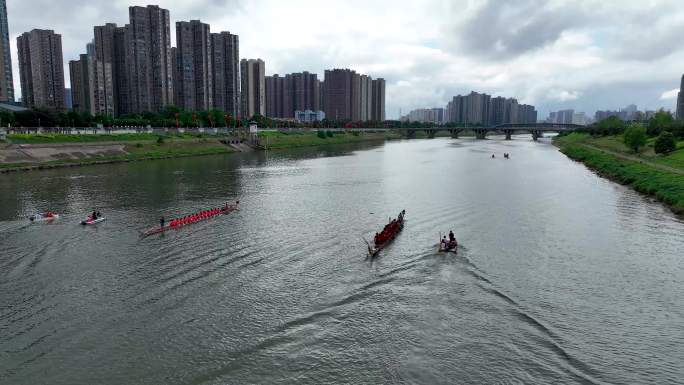 4K航拍端午节浏阳河划龙舟比赛