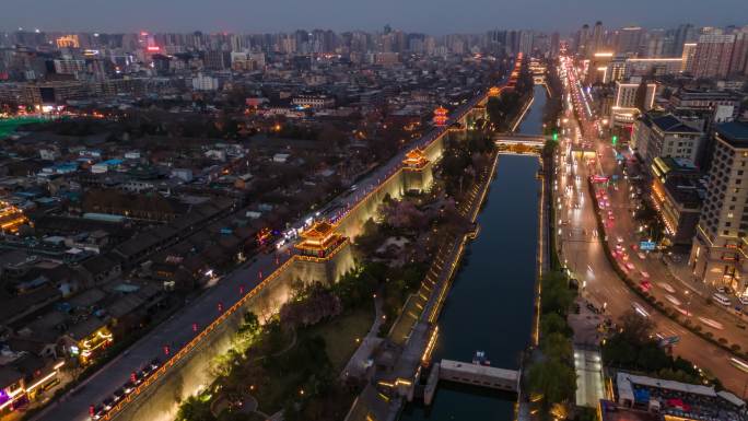 西安城墙夜景航拍延时摄影