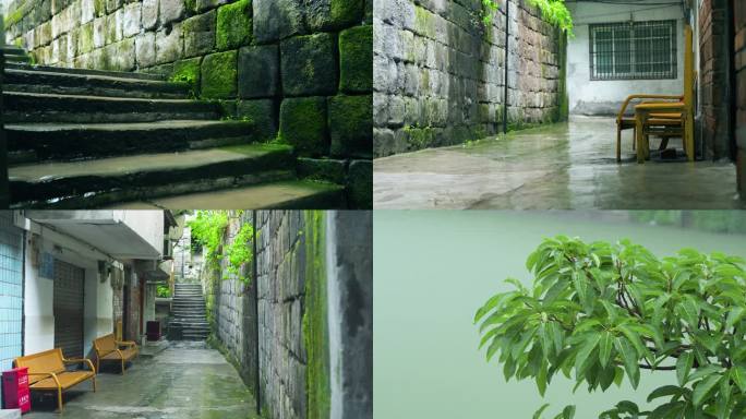 4k老旧小区小区下雨雨水雨滴空镜头