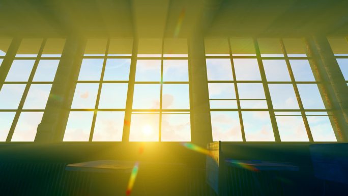 太阳光穿过空教室的窗户形成光影