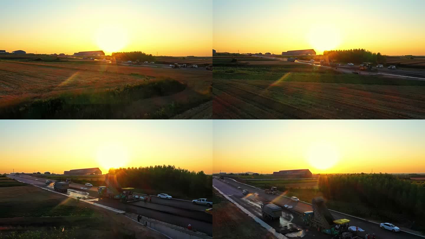 航拍傍晚夕阳下高速公路施工 高速公路落日