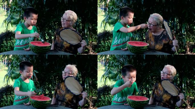 炎热夏天树下乘凉 老奶奶和孙子一起吃西瓜