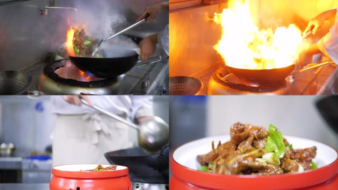 4K厨师炒鸡颠勺炖鸡大盘鸡升格特写