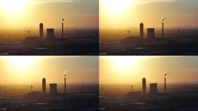 夕阳下的工厂烟烟囱 工业污染