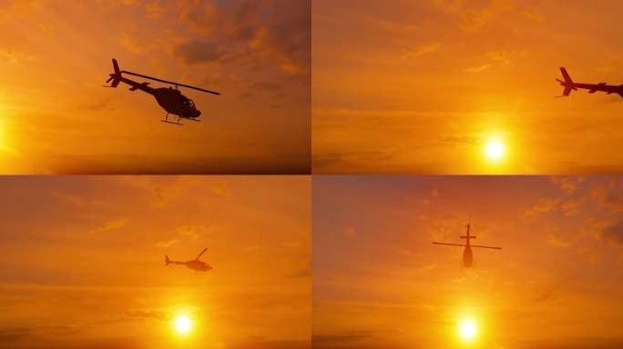 4K 夕阳下的直升飞机剪影