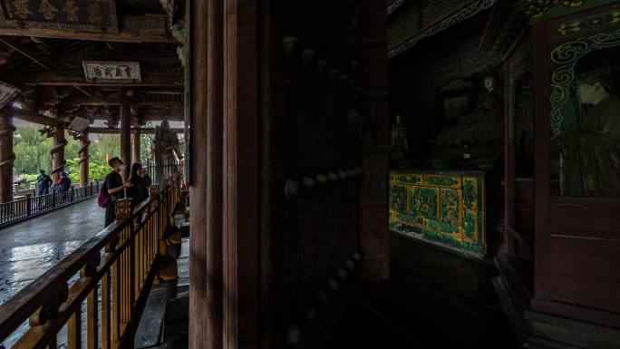 山西晋祠古建筑圣母殿内侧景4k