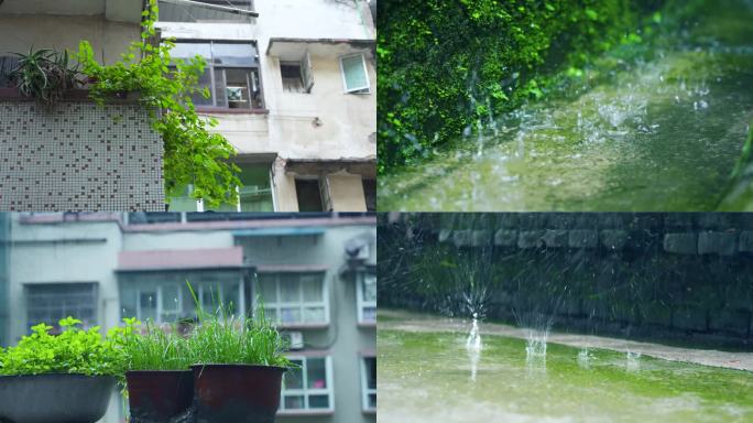 4k老小区下雨雨滴雨水