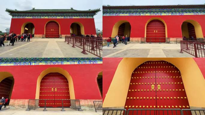 北京天坛公园大木门古建筑红色木门金色门钉