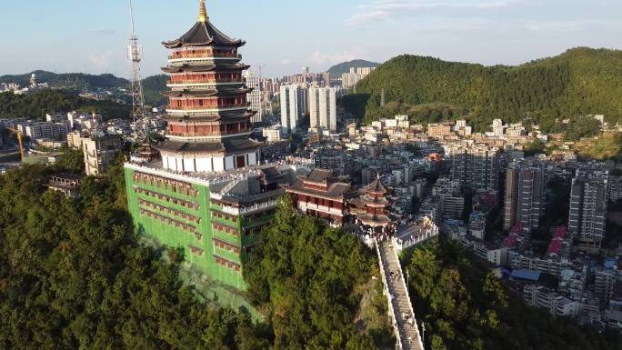 航拍贵阳城市日落街道建筑大气风光