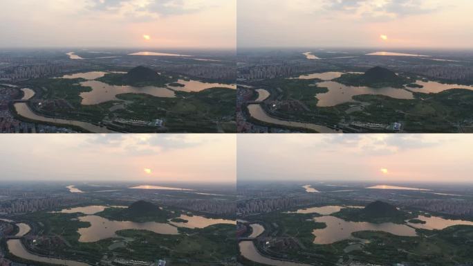 山东济南：黄河小清河穿城而过华山湖落日