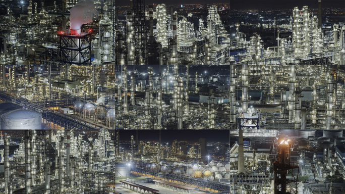 天津石化 灯火通明的石化工厂夜景航拍合集