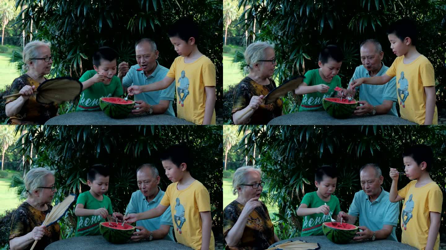 炎热夏天爷爷奶奶和孙子一起吃西瓜