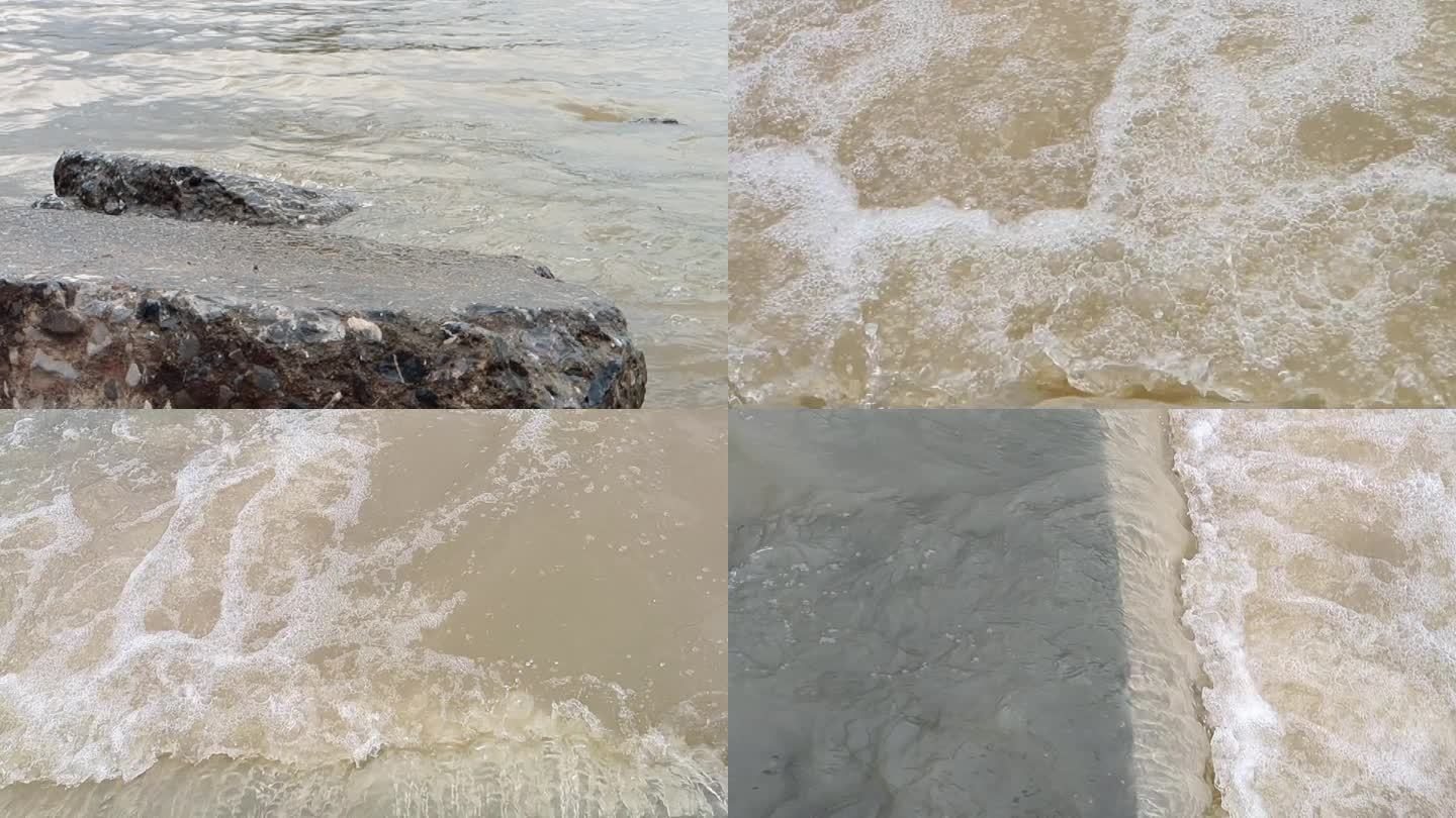 水浪翻滚河水江水浊水上涨水浪拍打鹅卵石