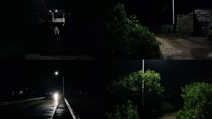 农村道路灯光农村下雨的晚上LED路灯夜景