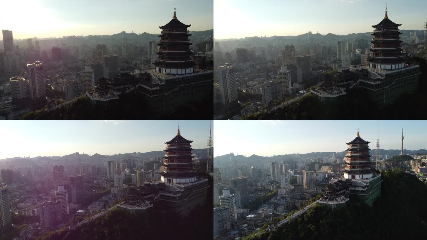 航拍贵阳城市日落街道建筑大气风光