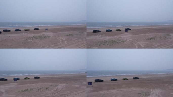 海边沙滩汽车车队航拍超清