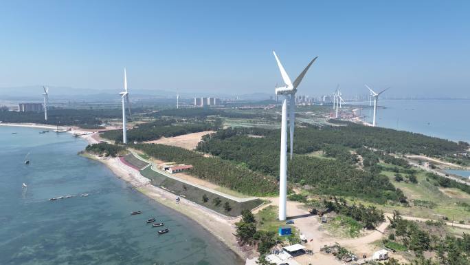 航拍山东荣成港西那香海虎头角的风电景观