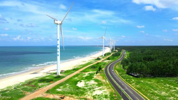 航拍海南文昌环岛旅游自驾旅行与新能源风车
