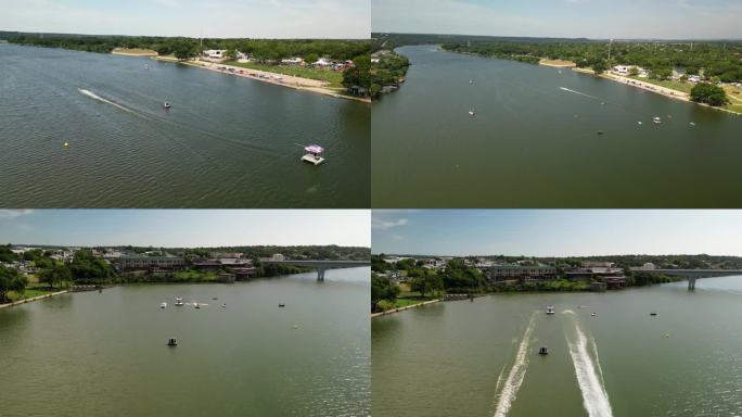 无人机航拍快艇比赛小船在水面急速启动行驶