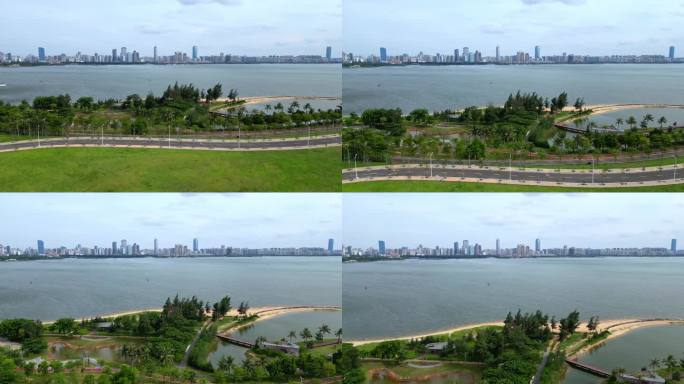 航拍海南海口海甸岛天空之山城市天际线风景