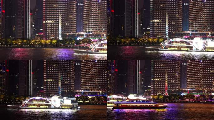 广州繁忙珠江夜游游船游览珠江河畔