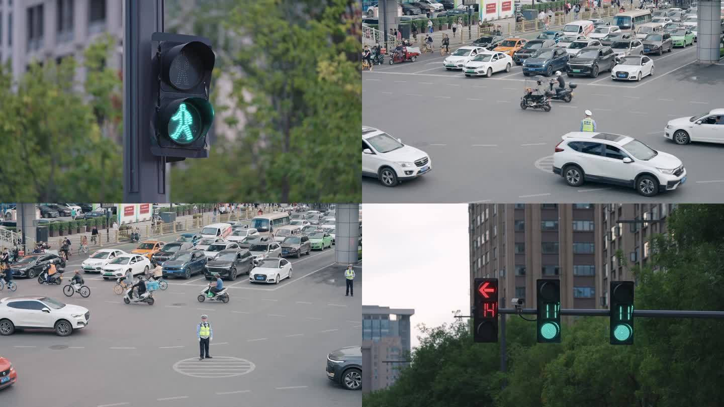 交警执勤十字路口交通红绿灯出行安全街道