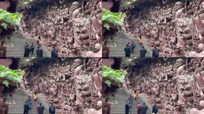 游客古刹佛像雕刻仙鹤菩萨罗汉像