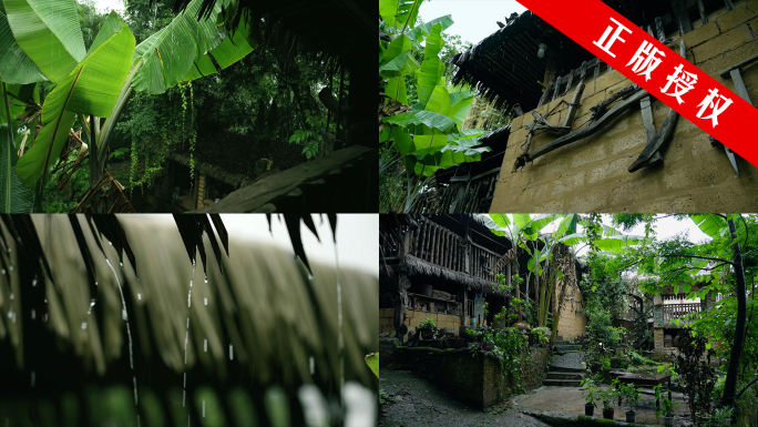 唯美雨景茅草屋木房庭院雨景助眠