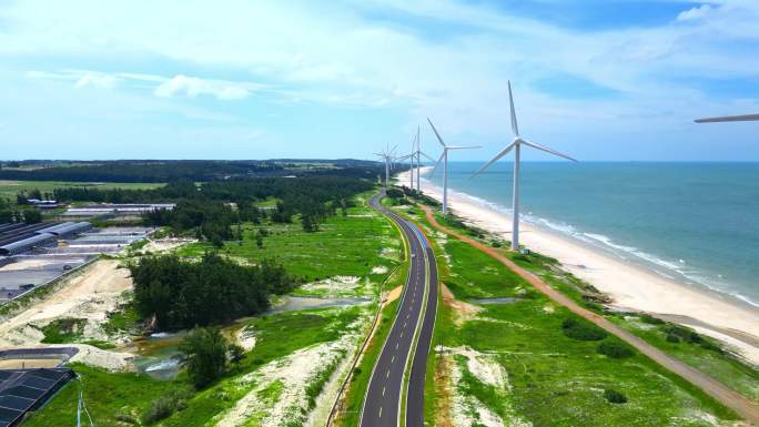 航拍海南文昌环岛旅游自驾旅行与新能源风车