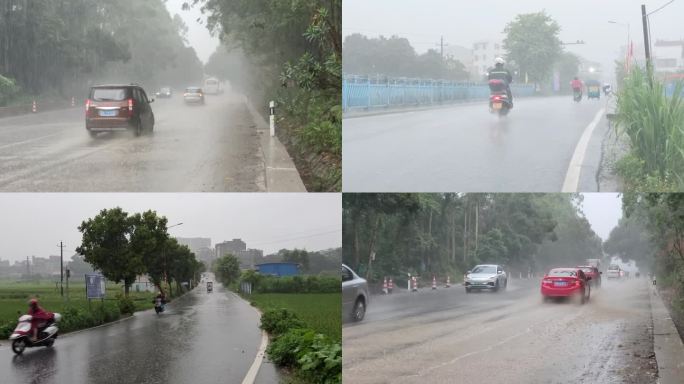 农村暴雨公踏雨景倾盆大雨公路车流乡村雨季