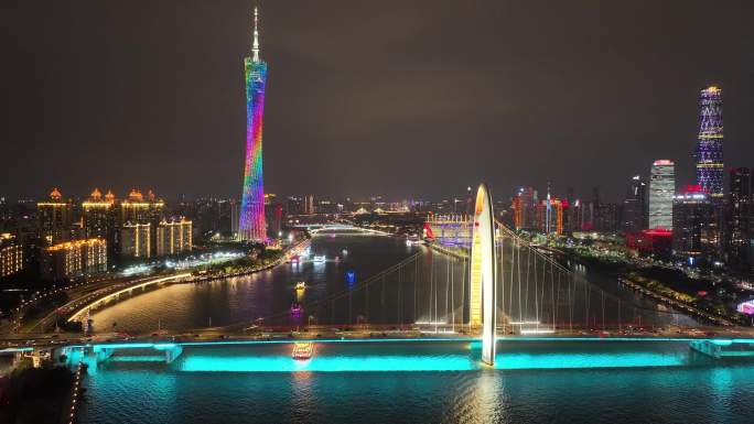 夜晚猎德大桥广州塔城市交通车水马龙