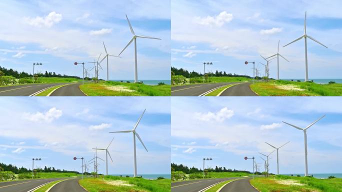 航拍海南文昌环岛旅游自驾旅行与新能源风车