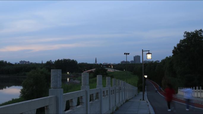 4k城市公园桥面黄昏路灯夜景延时素材