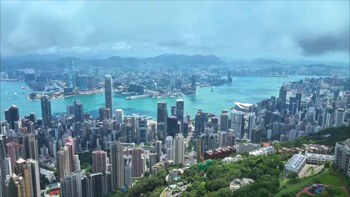 香港港岛中环航拍维多利亚港全景