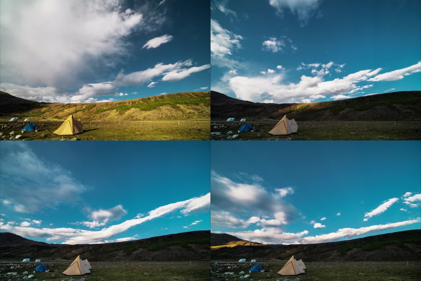 8K户外活动高原蓝天白云下的帐篷延时摄影