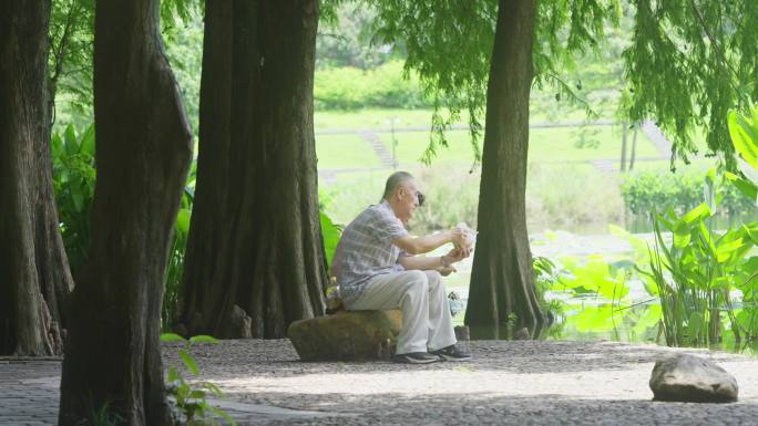 老年夫妻悠闲坐湖边乘凉