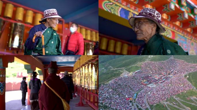 西藏藏民小孩儿佛教信徒虔诚色达宗教转经筒