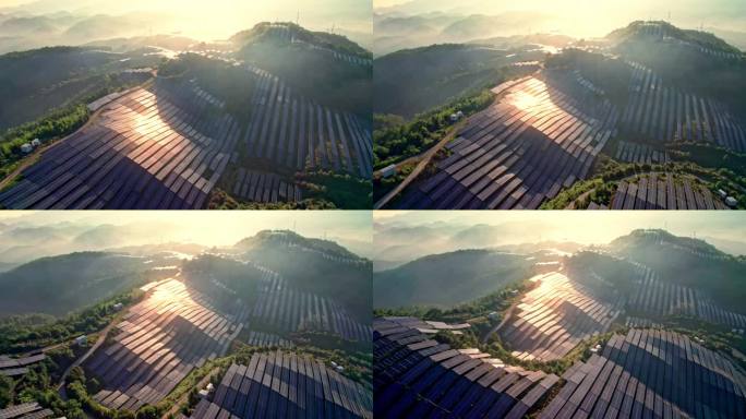 航拍山上光伏太阳能电池板