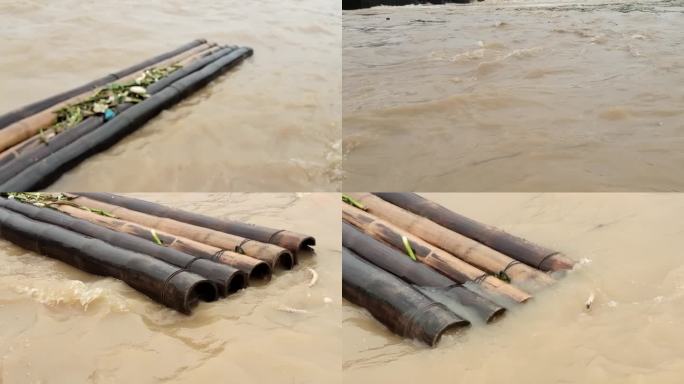 洪灾洪流洪水飘流的竹排水上摇摆的竹筏水患