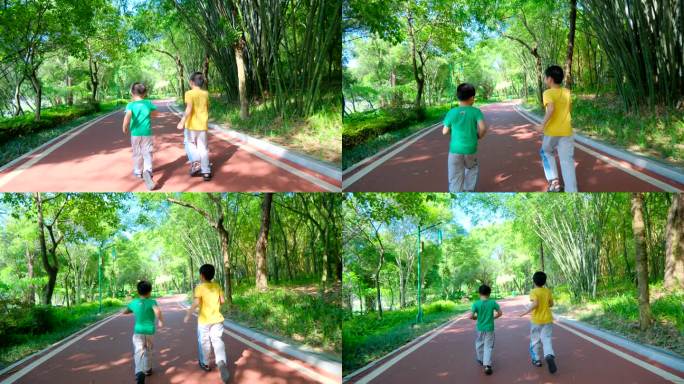 两个小孩在公园跑道跑 林荫小路 向前冲