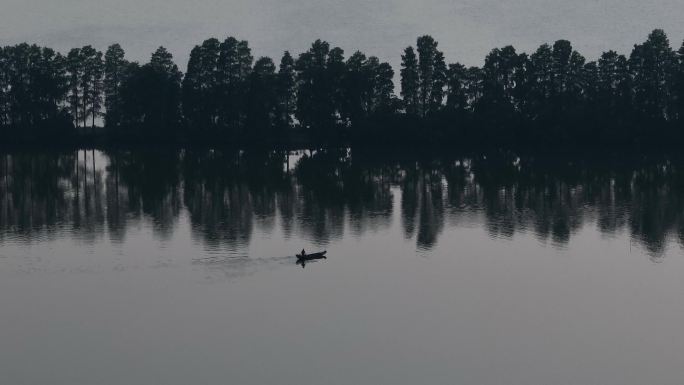 汤逊湖湖中一排树，渔民划着一艘小船驶过
